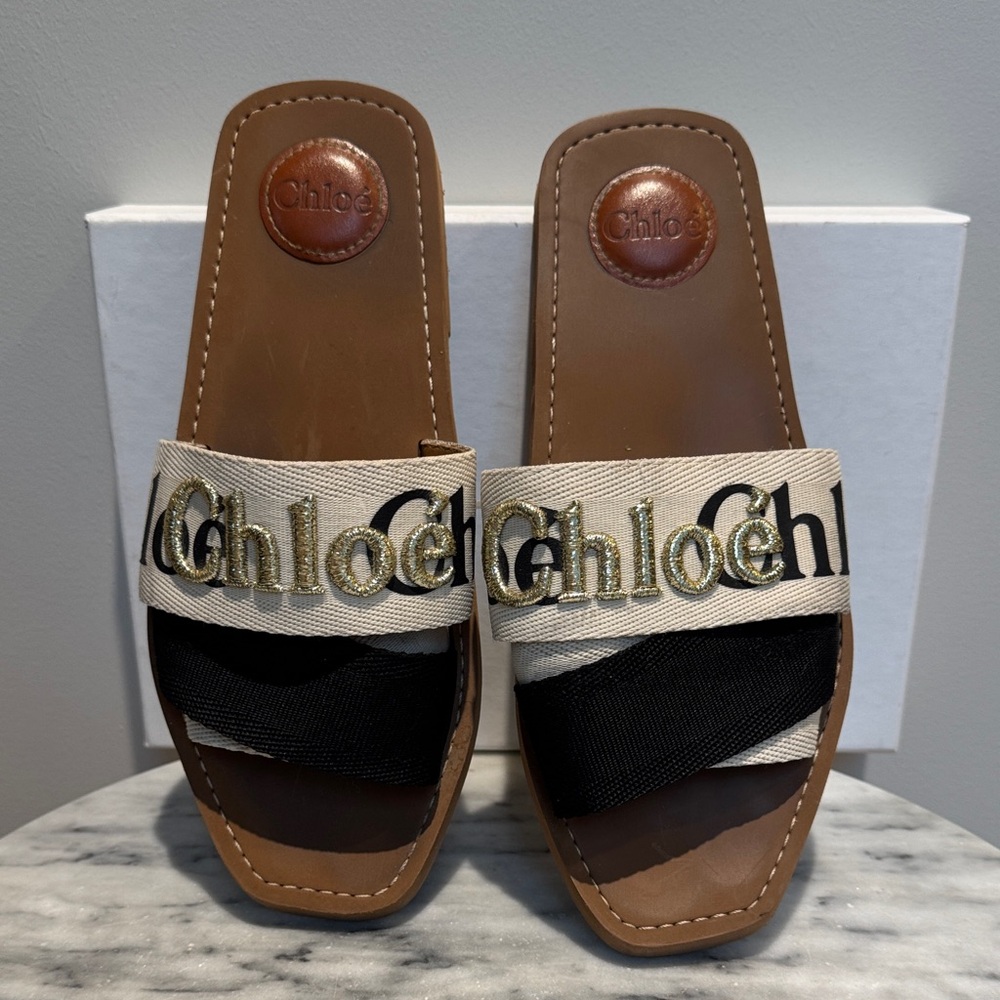Chloe Woody Gold, Tan and Black Slides